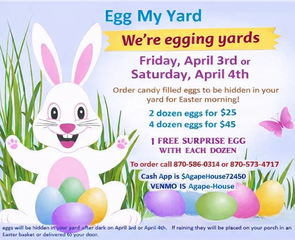 Flyer template for an "Egg My Yard" event, featuring colorful eggs and playful graphics for a festive atmosphere.